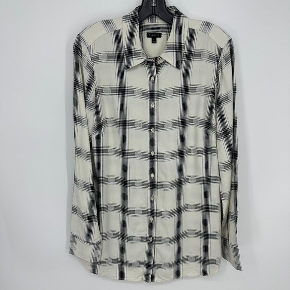 Talbots Tops - Talbots Plaid Button Down Shirt Top S Long Tunic Length Rayon Cream Black Dots